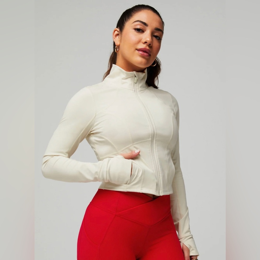 Fabletics Cream Zip-Up Athletic Jacket